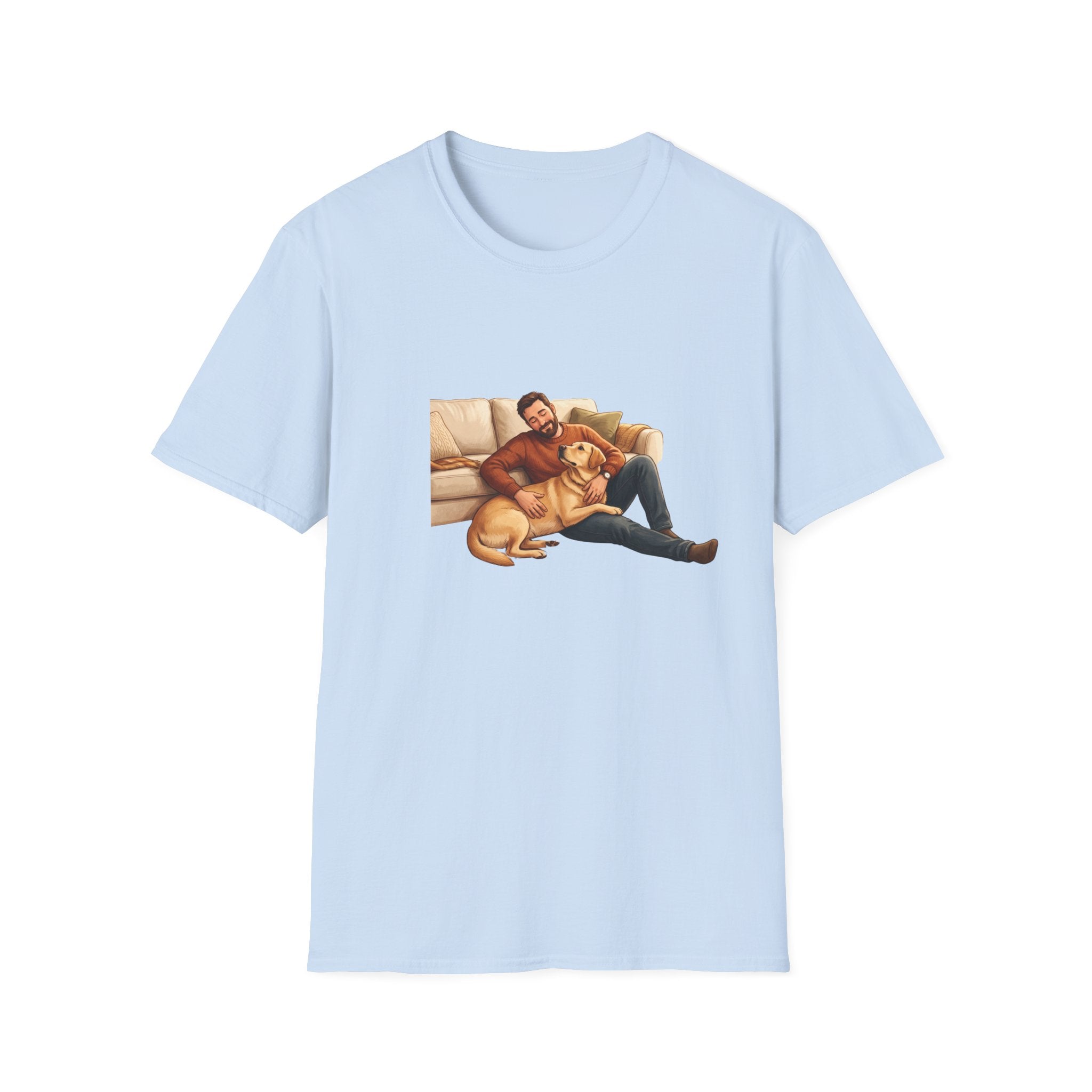 Labrador Dad T-Shirt — My Therapist Has Four Legs | Cozy Living Room Lab Illustration Tee