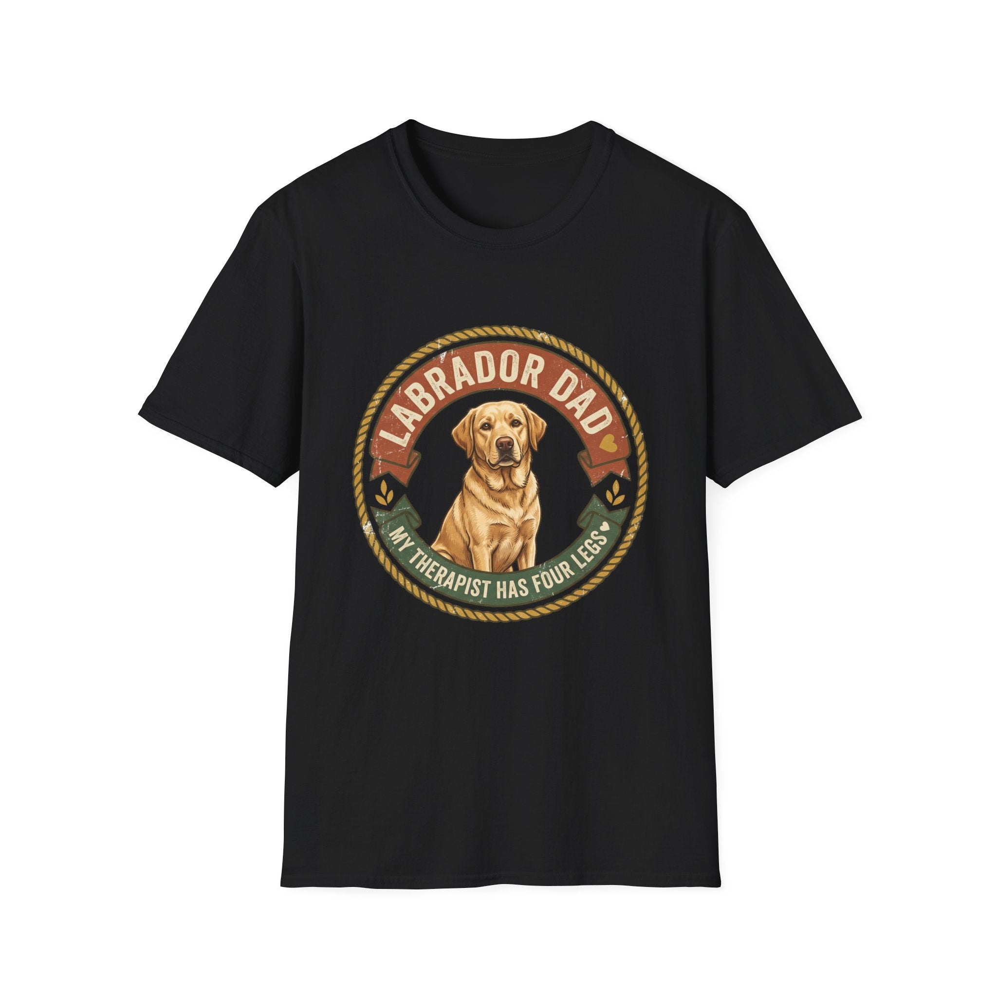 Labrador Dad T-Shirt — My Therapist Has Four Legs | Vintage Badge Rope Circle Lab Tee