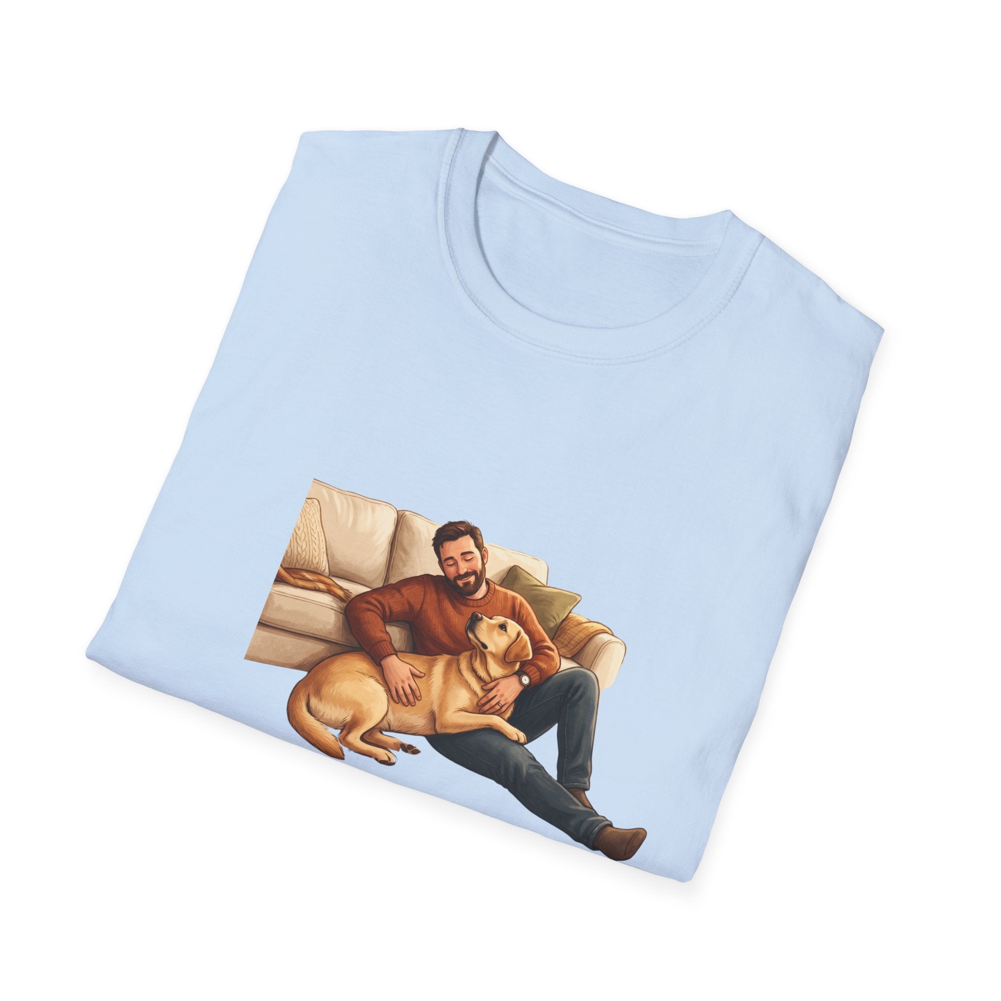 Labrador Dad T-Shirt — My Therapist Has Four Legs | Cozy Living Room Lab Illustration Tee