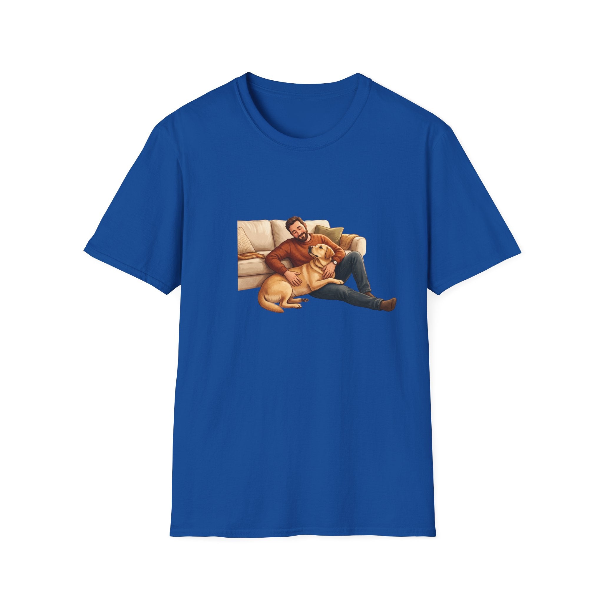 Labrador Dad T-Shirt — My Therapist Has Four Legs | Cozy Living Room Lab Illustration Tee