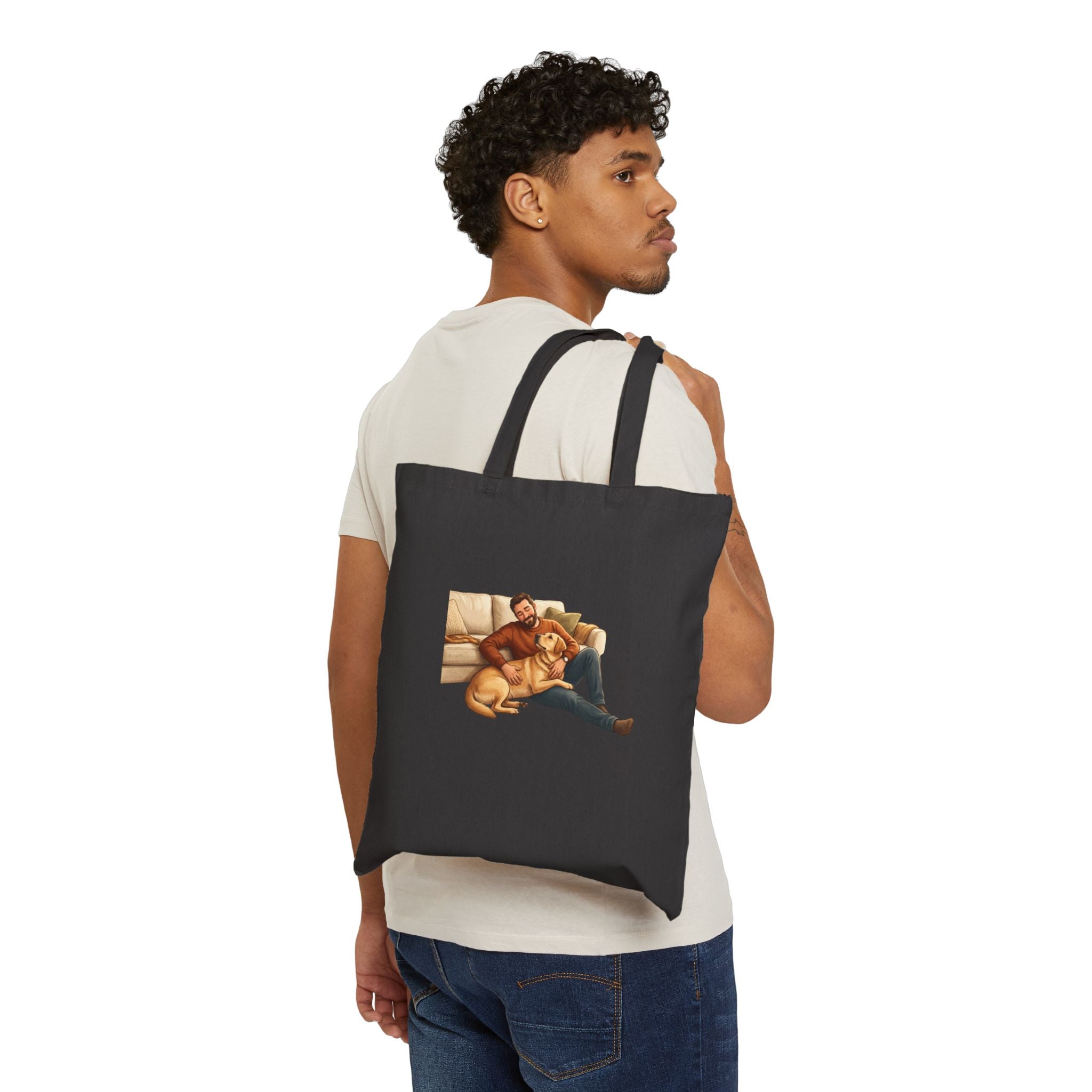 Dog Dad Tote Bag – Man & His Lab Couch Cuddles | Labrador Dad Gift Canvas Tote