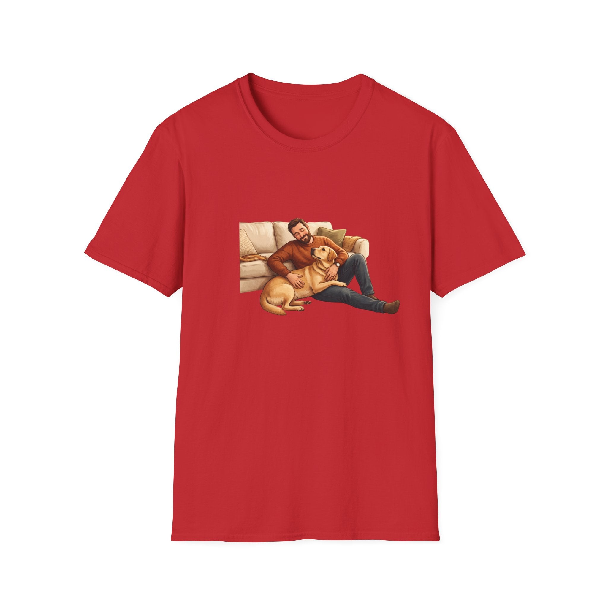 Labrador Dad T-Shirt — My Therapist Has Four Legs | Cozy Living Room Lab Illustration Tee