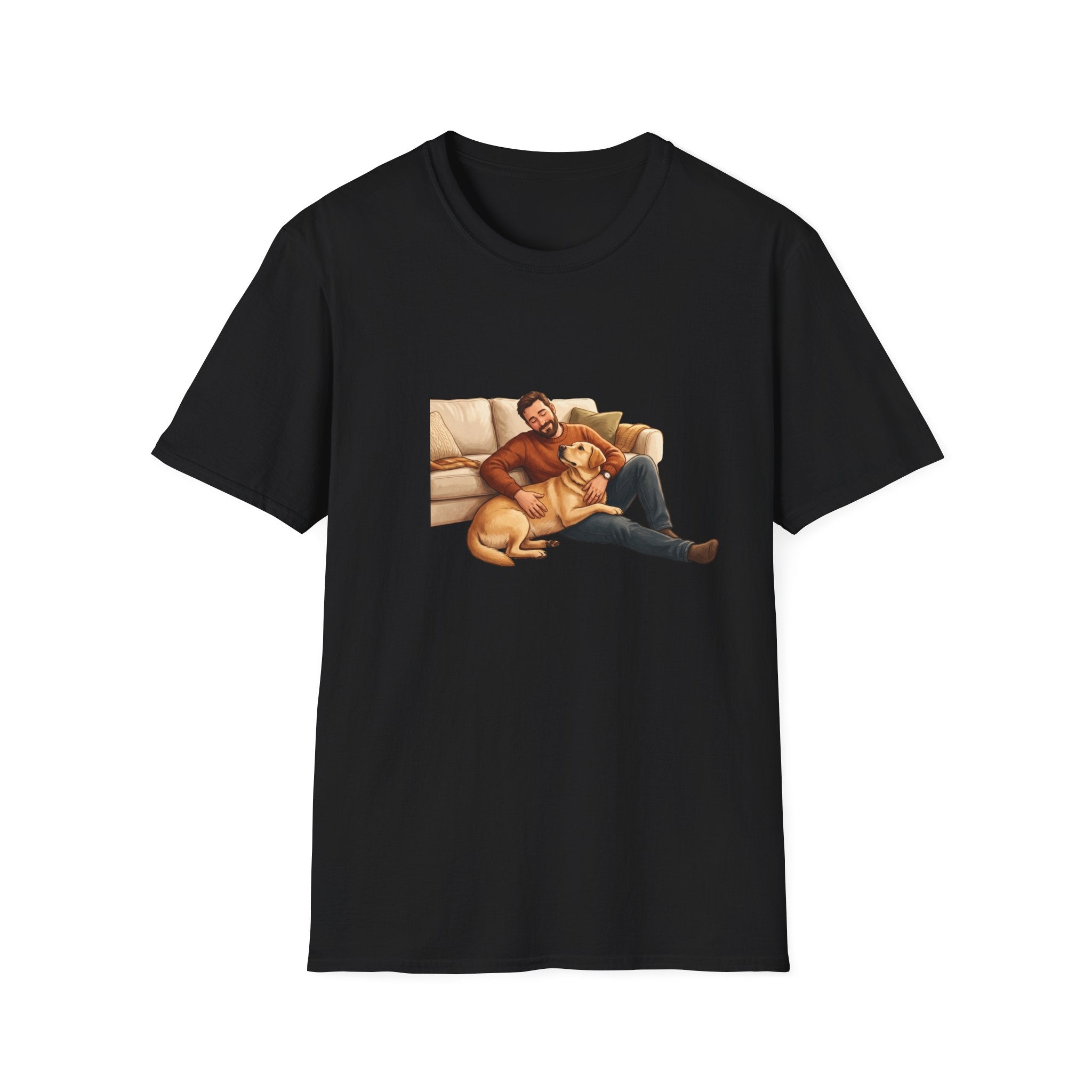 Labrador Dad T-Shirt — My Therapist Has Four Legs | Cozy Living Room Lab Illustration Tee