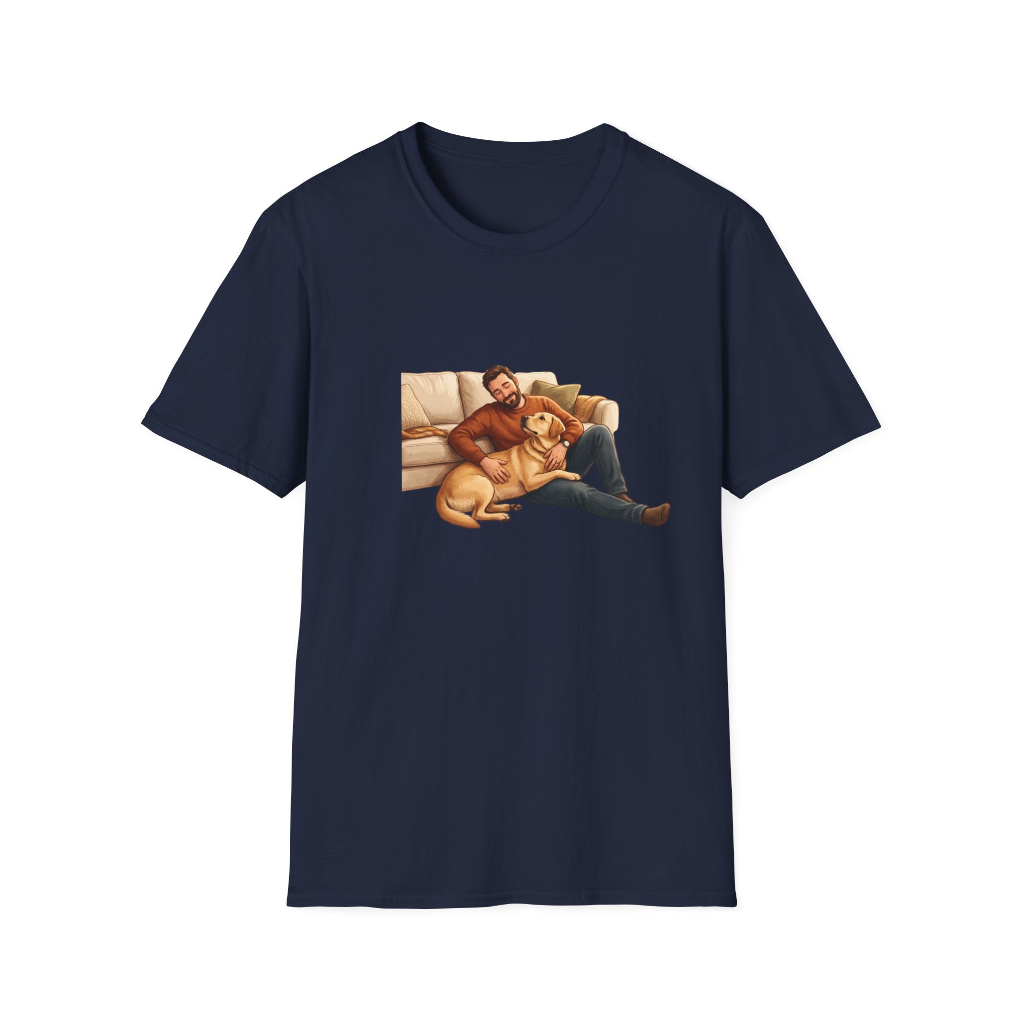 Labrador Dad T-Shirt — My Therapist Has Four Legs | Cozy Living Room Lab Illustration Tee