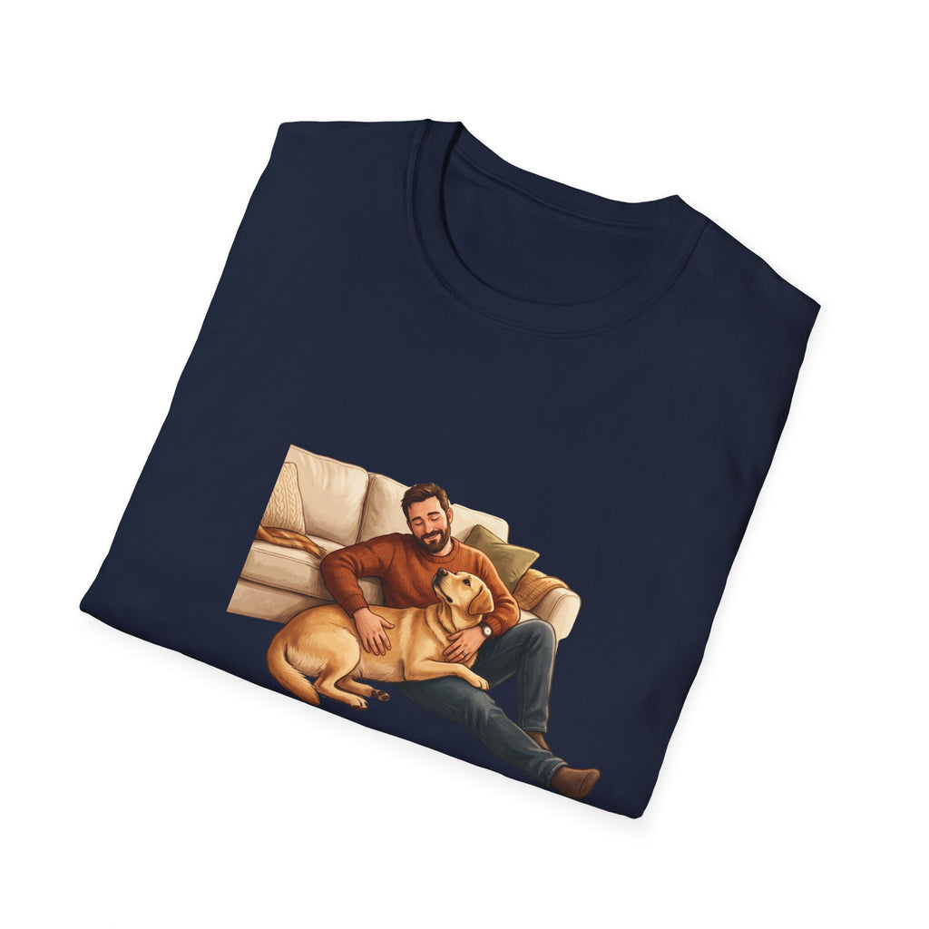 Labrador Dad T-Shirt — My Therapist Has Four Legs | Cozy Living Room Lab Illustration Tee