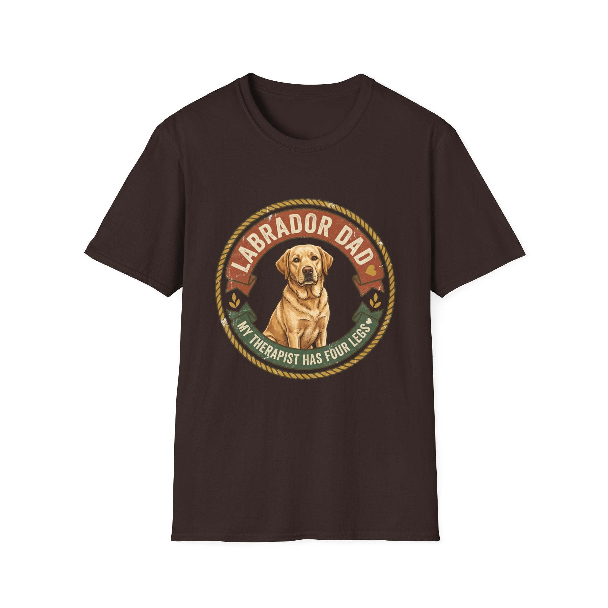 Labrador Dad T-Shirt — My Therapist Has Four Legs | Vintage Badge Rope Circle Lab Tee