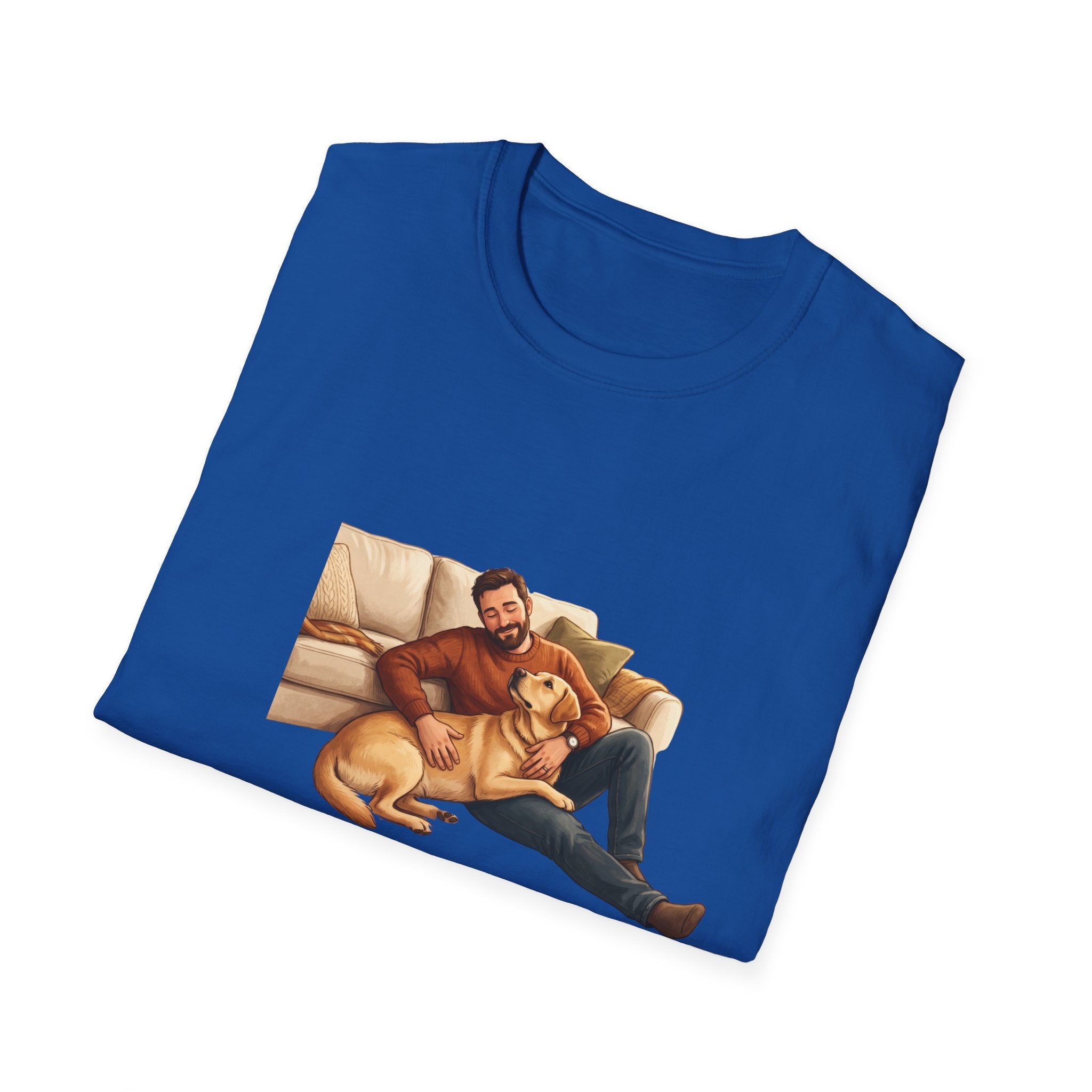 Labrador Dad T-Shirt — My Therapist Has Four Legs | Cozy Living Room Lab Illustration Tee