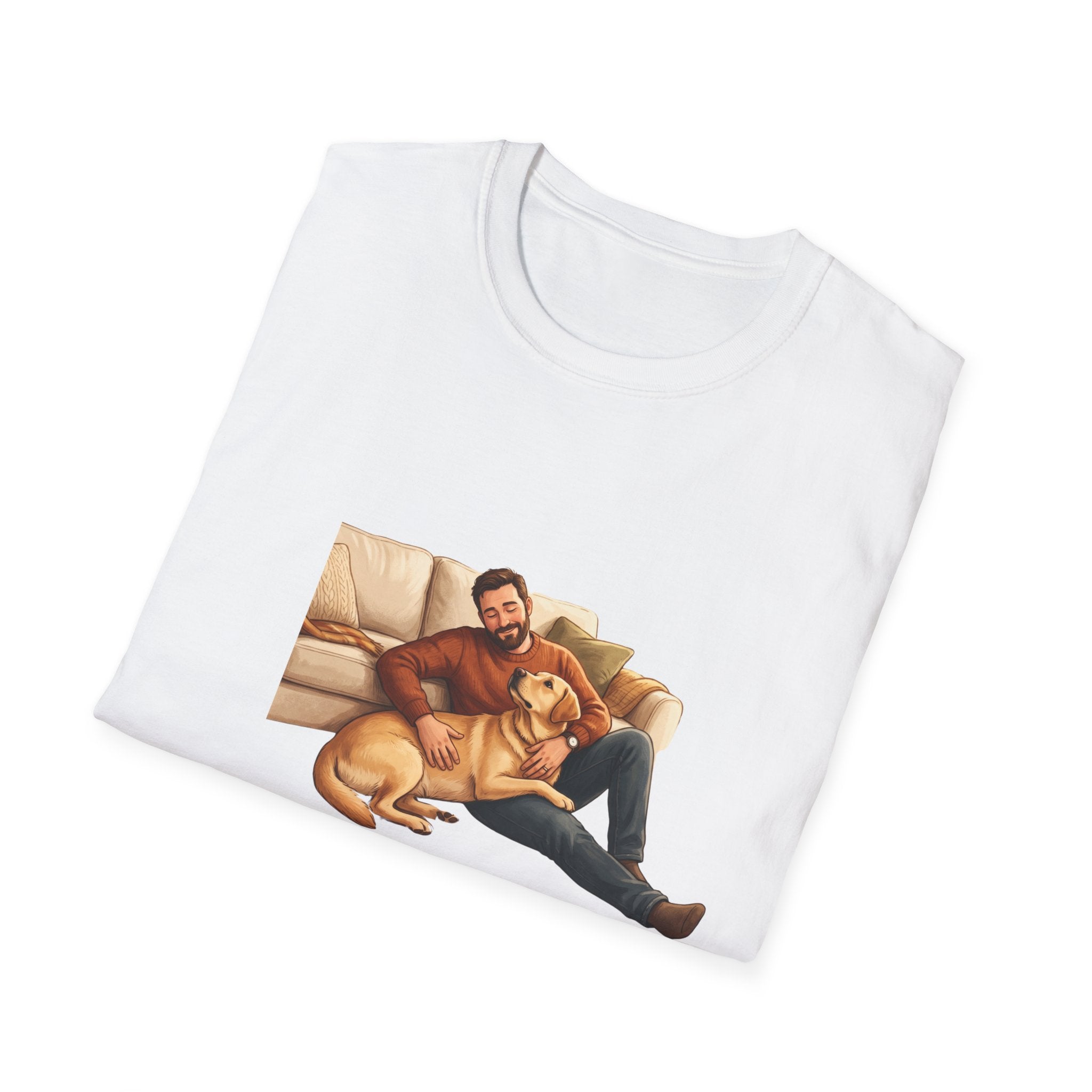 Labrador Dad T-Shirt — My Therapist Has Four Legs | Cozy Living Room Lab Illustration Tee