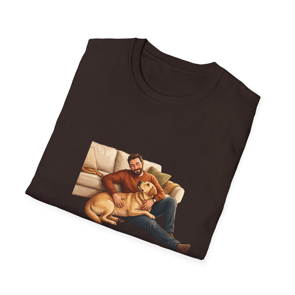 Labrador Dad T-Shirt — My Therapist Has Four Legs | Cozy Living Room Lab Illustration Tee