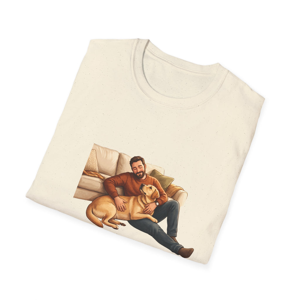 Labrador Dad T-Shirt — My Therapist Has Four Legs | Cozy Living Room Lab Illustration Tee