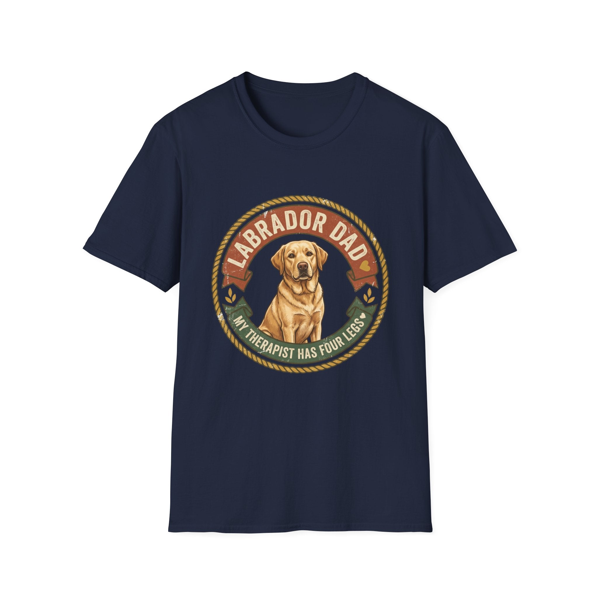 Labrador Dad T-Shirt — My Therapist Has Four Legs | Vintage Badge Rope Circle Lab Tee
