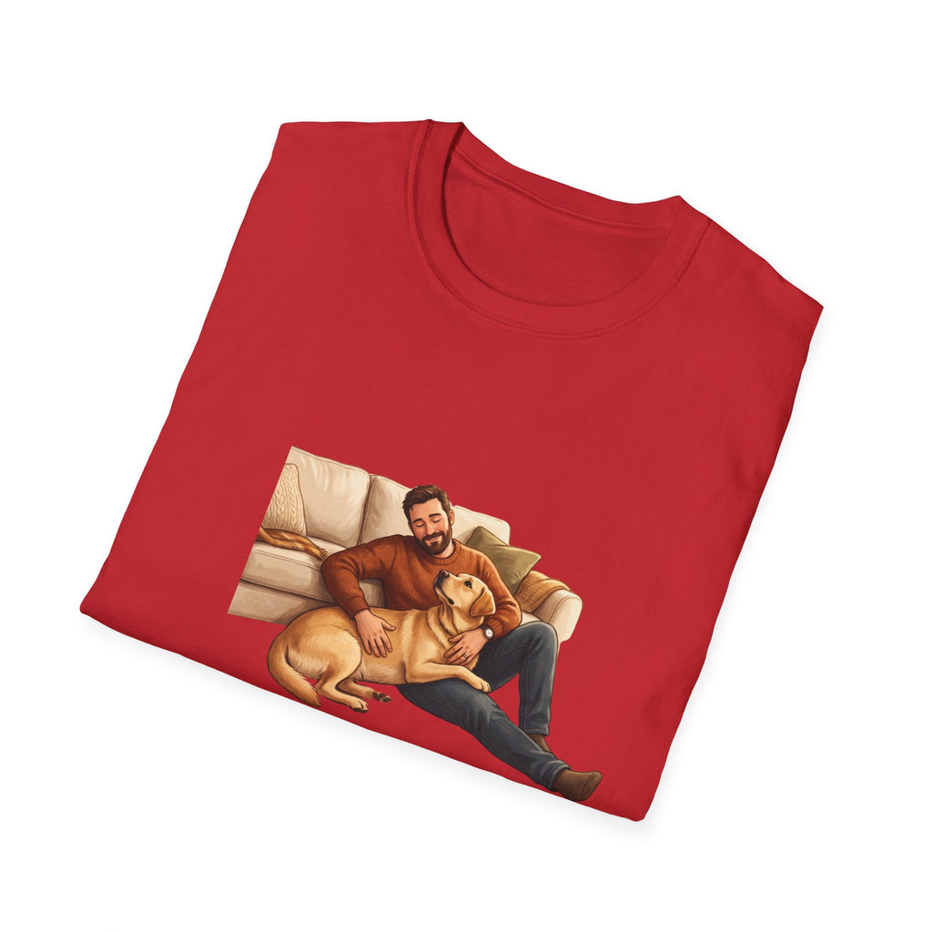 Labrador Dad T-Shirt — My Therapist Has Four Legs | Cozy Living Room Lab Illustration Tee