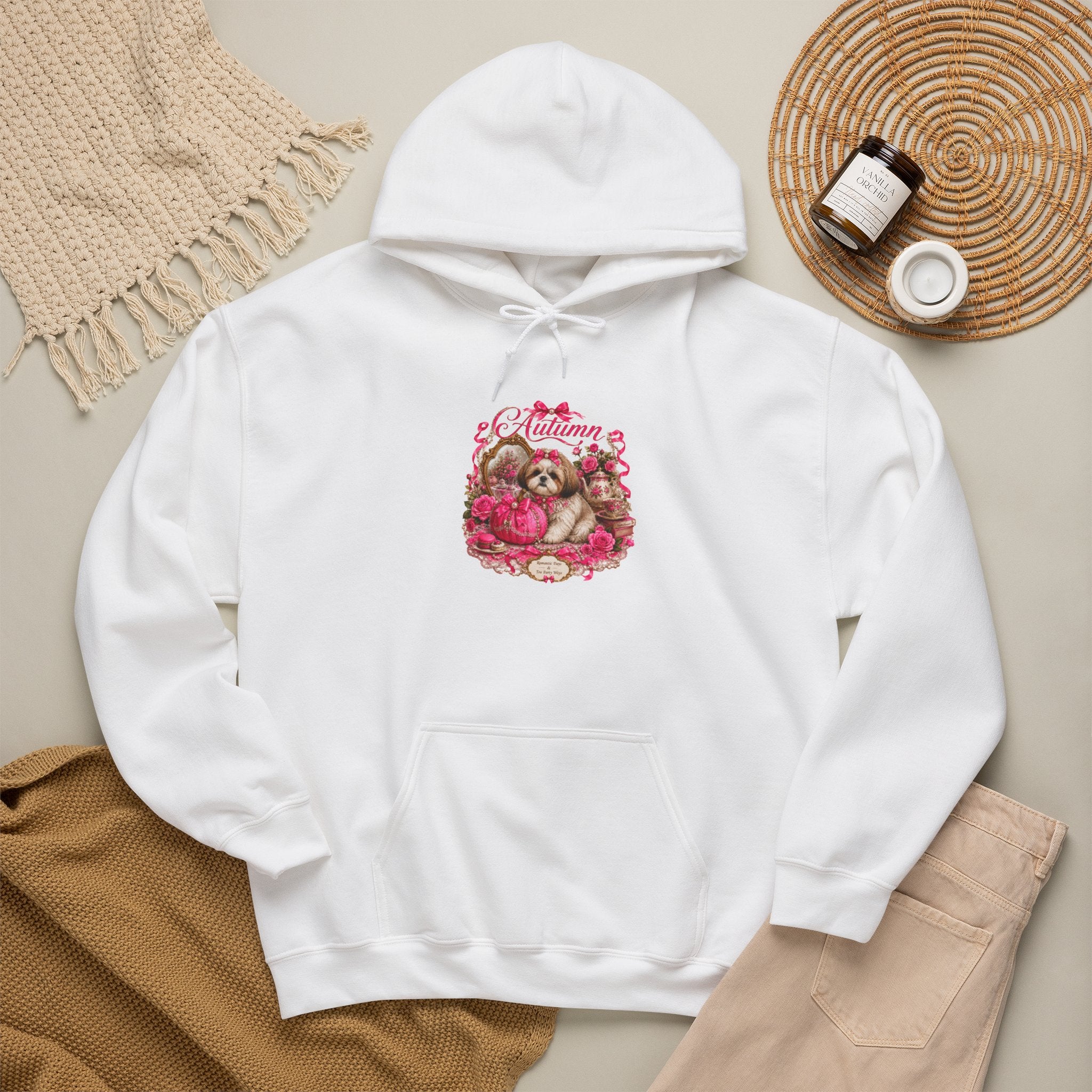 Shih Tzu Mom Gift Hoodie — Autumn Coquette Pink Rose Pumpkin Pullover | FurEverLoved
