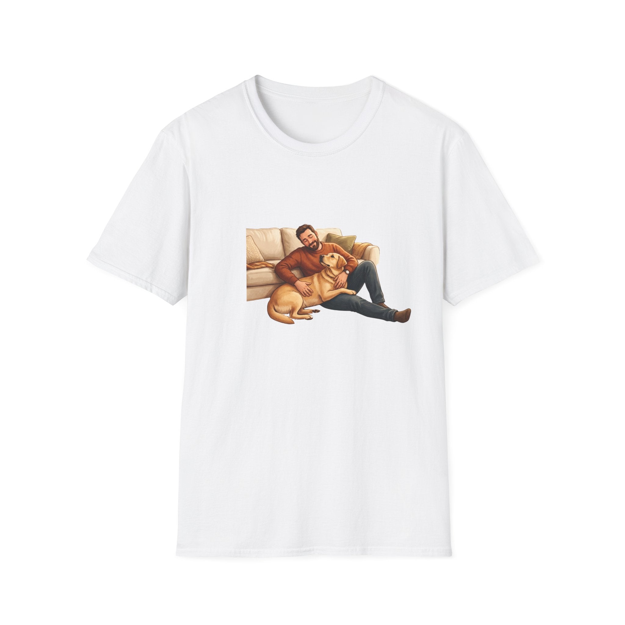 Labrador Dad T-Shirt — My Therapist Has Four Legs | Cozy Living Room Lab Illustration Tee