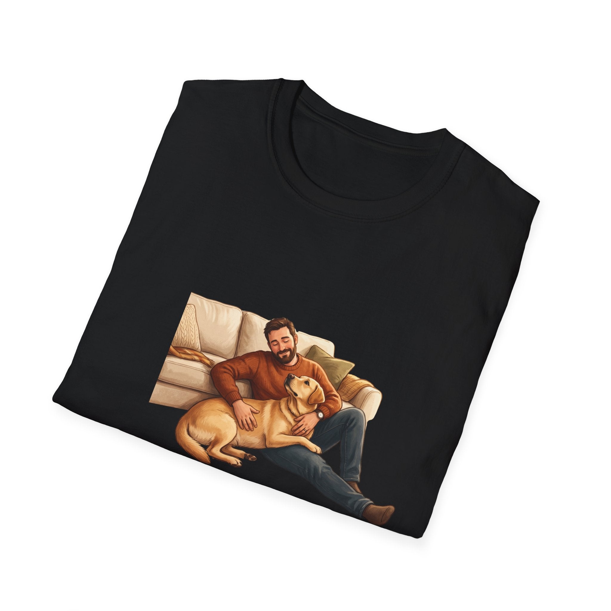 Labrador Dad T-Shirt — My Therapist Has Four Legs | Cozy Living Room Lab Illustration Tee