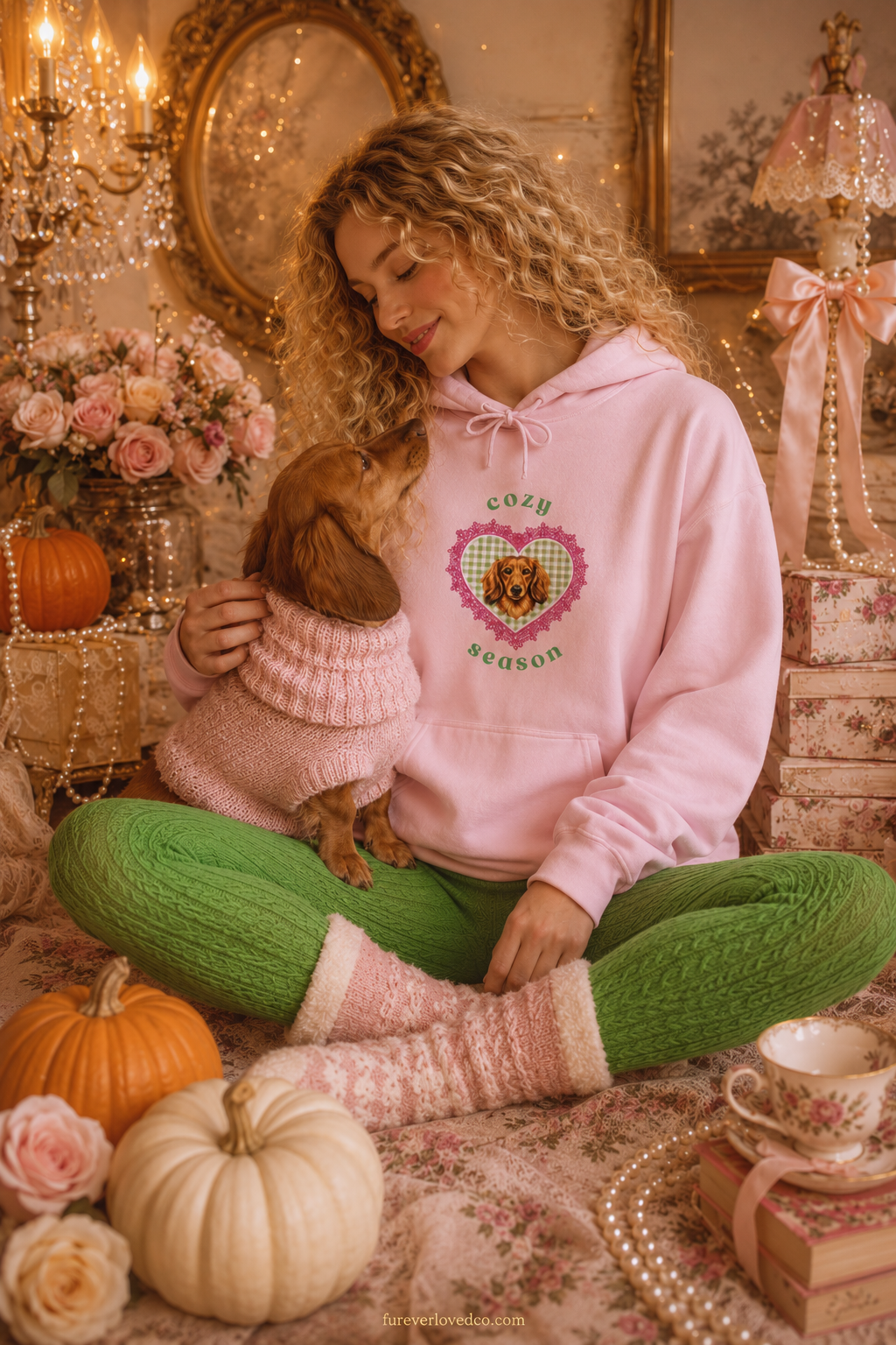 Dachshund Mom Gift Hoodie — Cozy Season Vintage Heart Dog Portrait Pullover | FurEverLoved