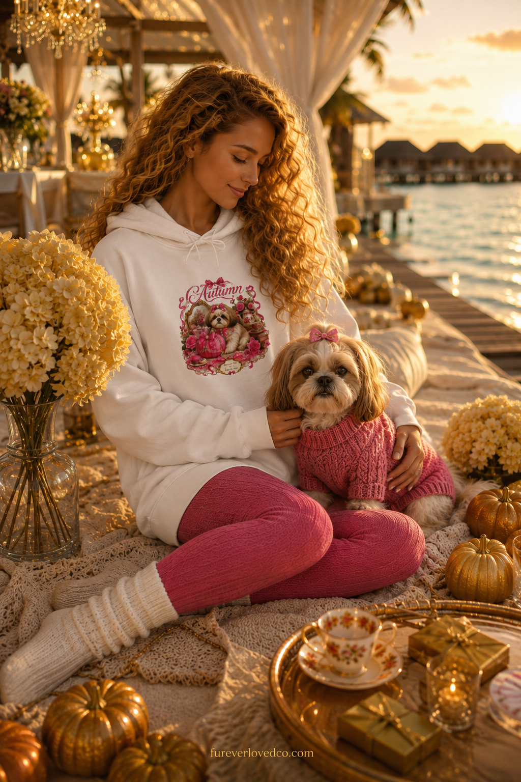 Shih Tzu Mom Gift Hoodie — Autumn Coquette Pink Rose Pumpkin Pullover | FurEverLoved