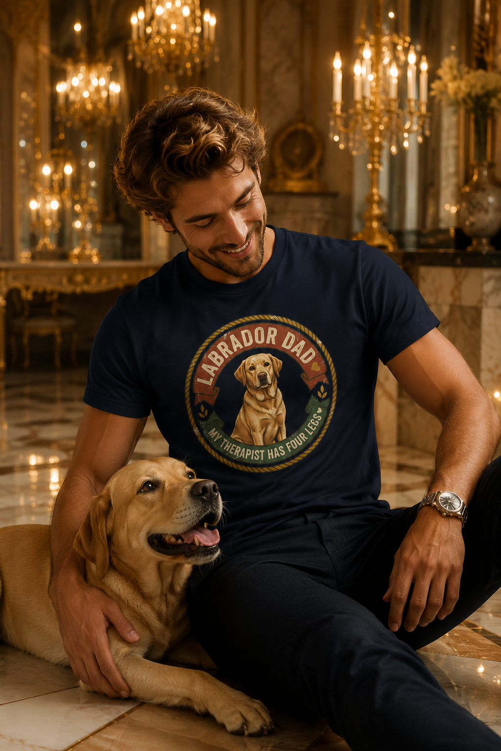 Labrador Dad T-Shirt — My Therapist Has Four Legs | Vintage Badge Rope Circle Lab Tee
