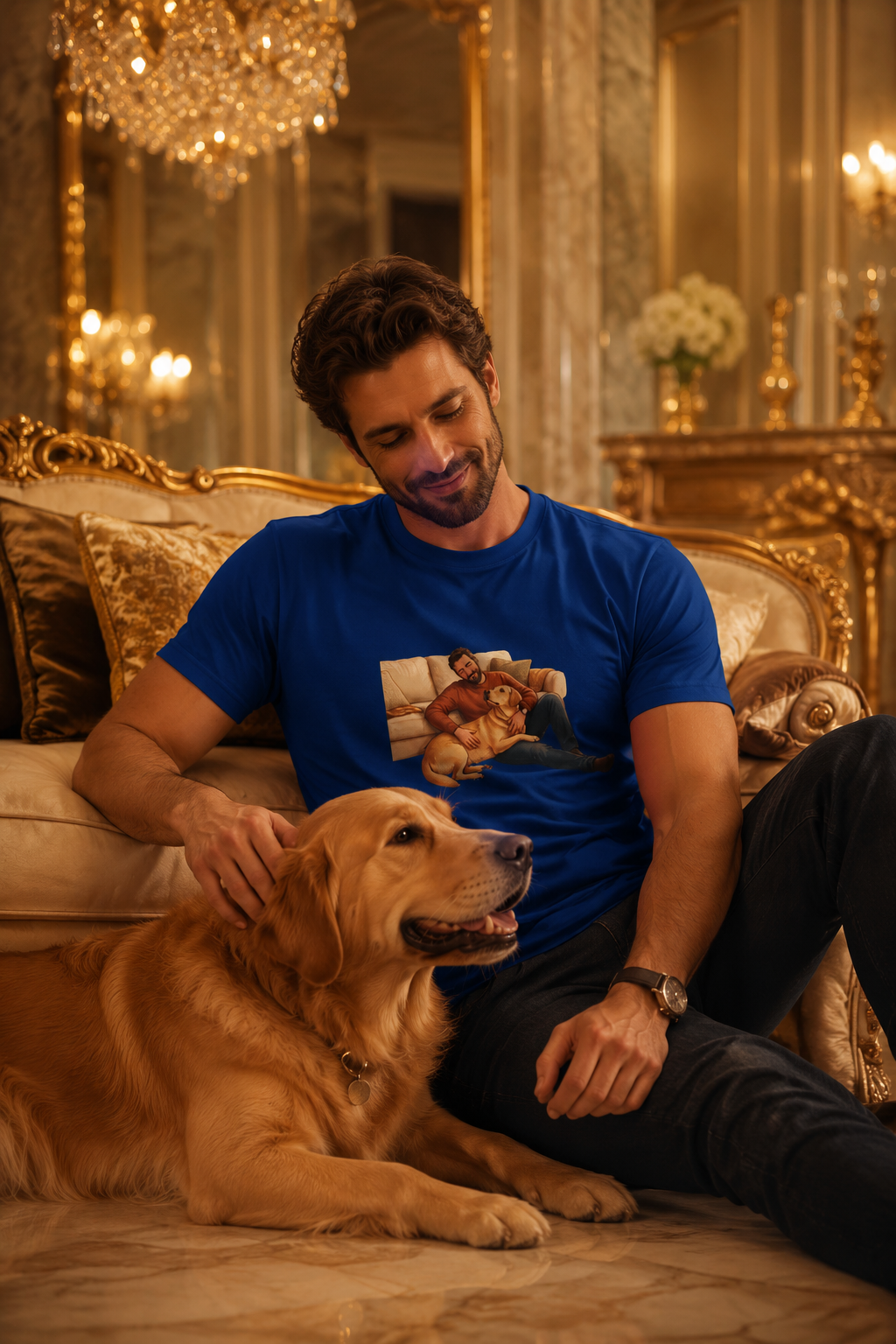 Labrador Dad T-Shirt — My Therapist Has Four Legs | Cozy Living Room Lab Illustration Tee